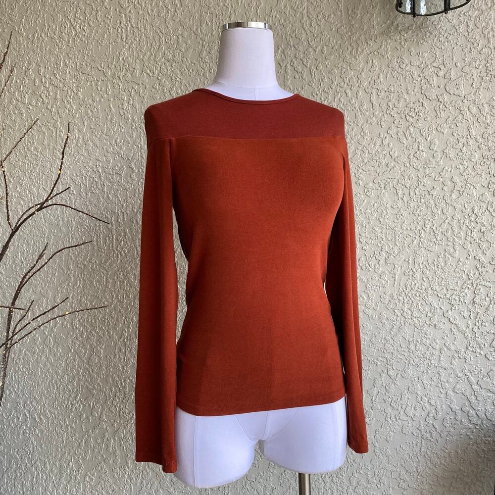 OGL Tencel Wool Sheer Shoulder Brami Top Orange Red Medium Long Sleeve Thermal